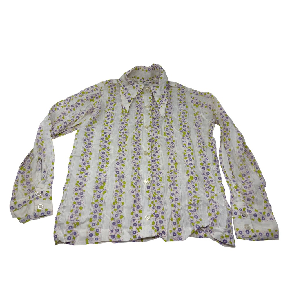 Vintage 70s Kids Purple Floral Stripe Dagger Collar Shirt